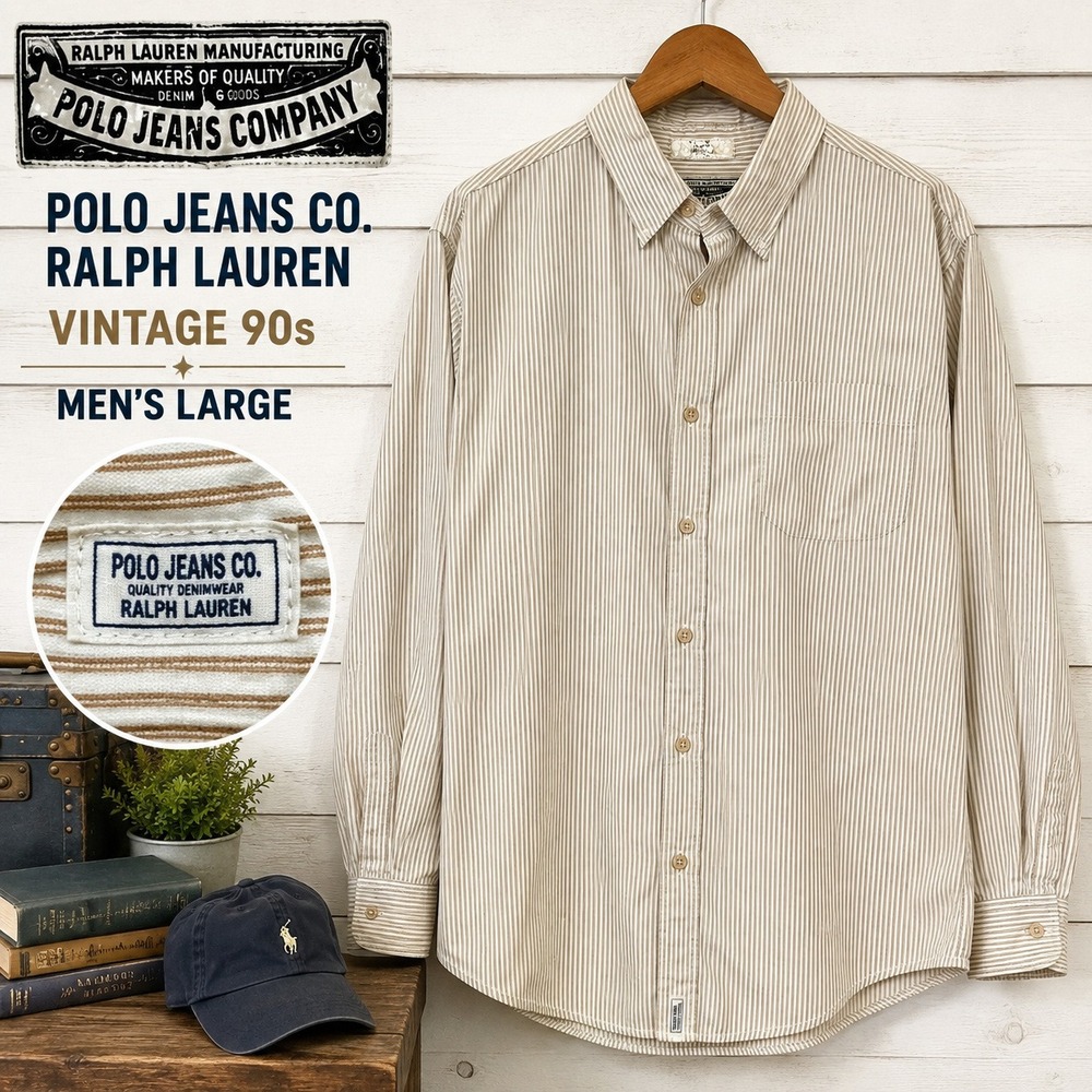 Vintage 90's Polo Jeans Co Ralph Lauren Button Down Shirt Mens L Striped Cotton